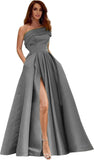 Women's One Shoulder Prom Dresses Long Satin Side Slit Formal Evening Gowns with Pockets