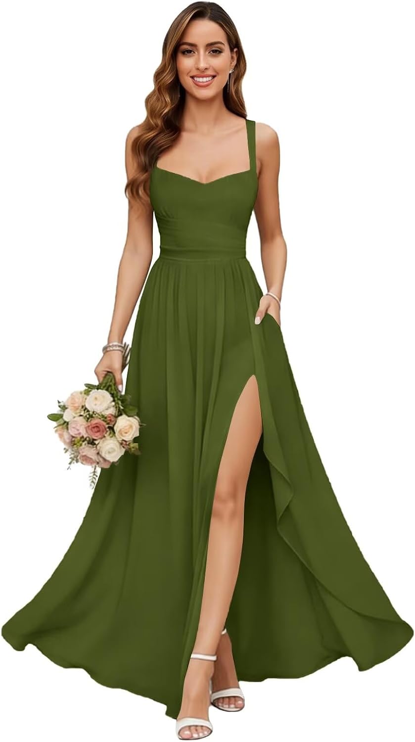 Chiffon Bridesmaid Dresses for Women Long Spaghetti Straps A-line Pleated Formal Evening Party Gowns with Pockets