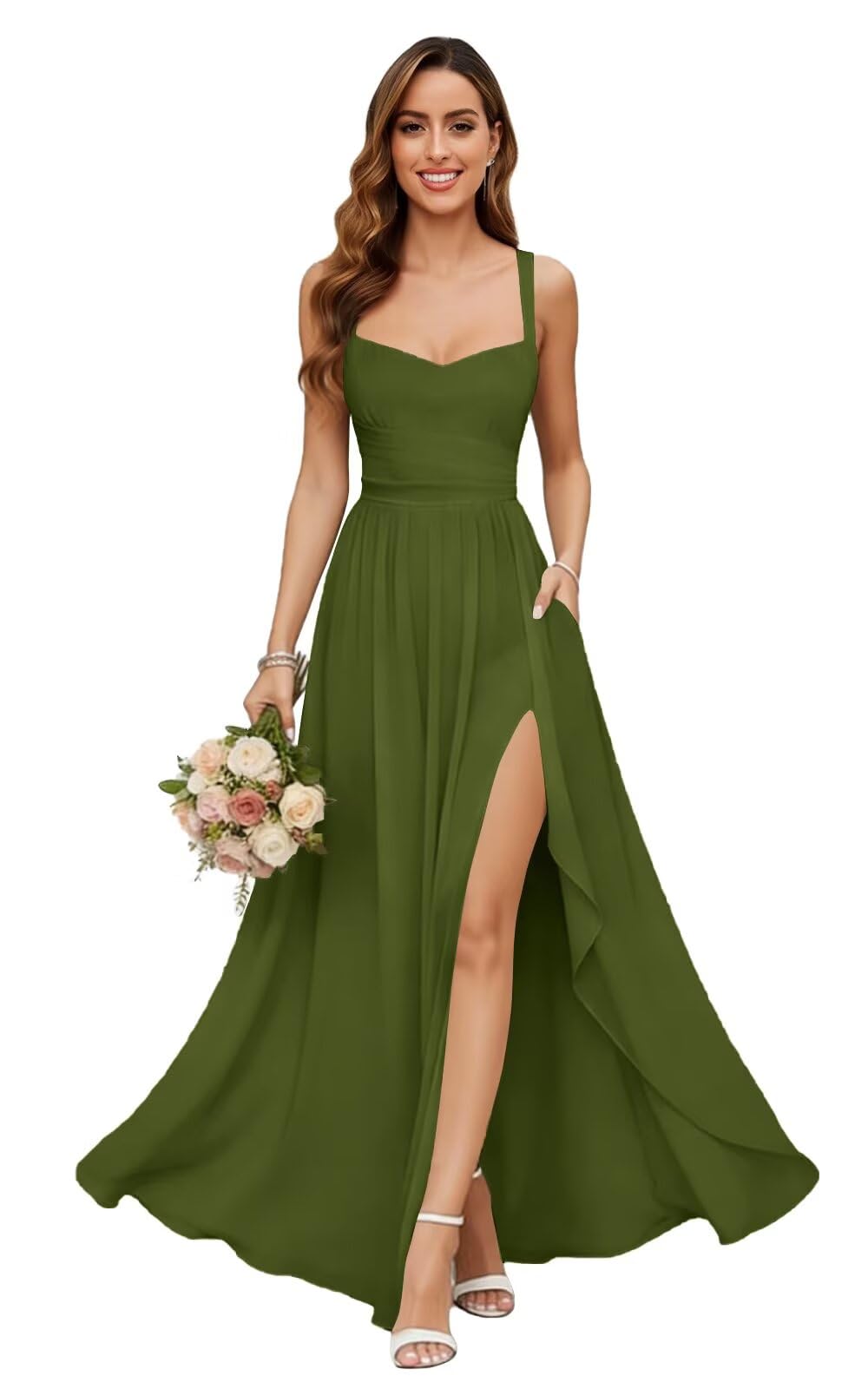 Chiffon Bridesmaid Dresses for Women Long Spaghetti Straps A-line Pleated Formal Evening Party Gowns with Pockets