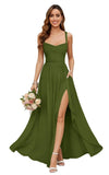 Chiffon Bridesmaid Dresses for Women Long Spaghetti Straps A-line Pleated Formal Evening Party Gowns with Pockets