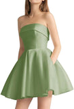 Women's Strapless Satin Short Prom Dresses with Pocket A Line Glitter Homecoming Dress Short Evening Party Ball Gown