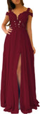 Women's Lace Appliques Prom Dresses Long with Slit Cold Shoulder Formal Party Gown