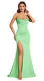 Mermaid Satin Prom Dresses for Women Strapless Sequin Formal Dress 2027 Pleated Evening Party Gowns with Slit