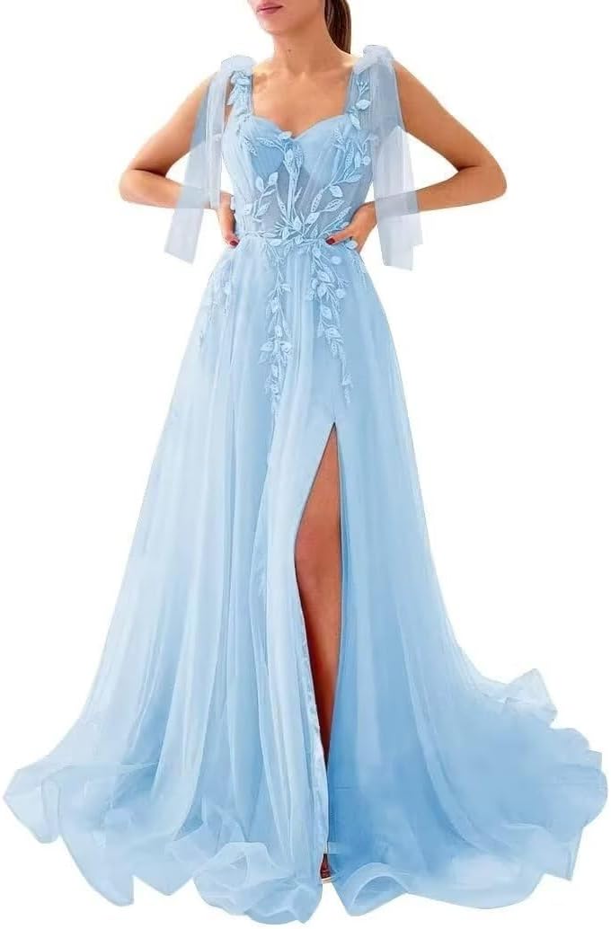 Appliques Tulle Lace Prom Dresses with Slit Spaghetti Straps Formal Evening Dress Sweetheart Ball Gowns
