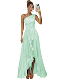 One Shoulder Bridesmaid Dresses for Women Satin Pleated Long A Line Formal Prom Evening Party Dress with Slit