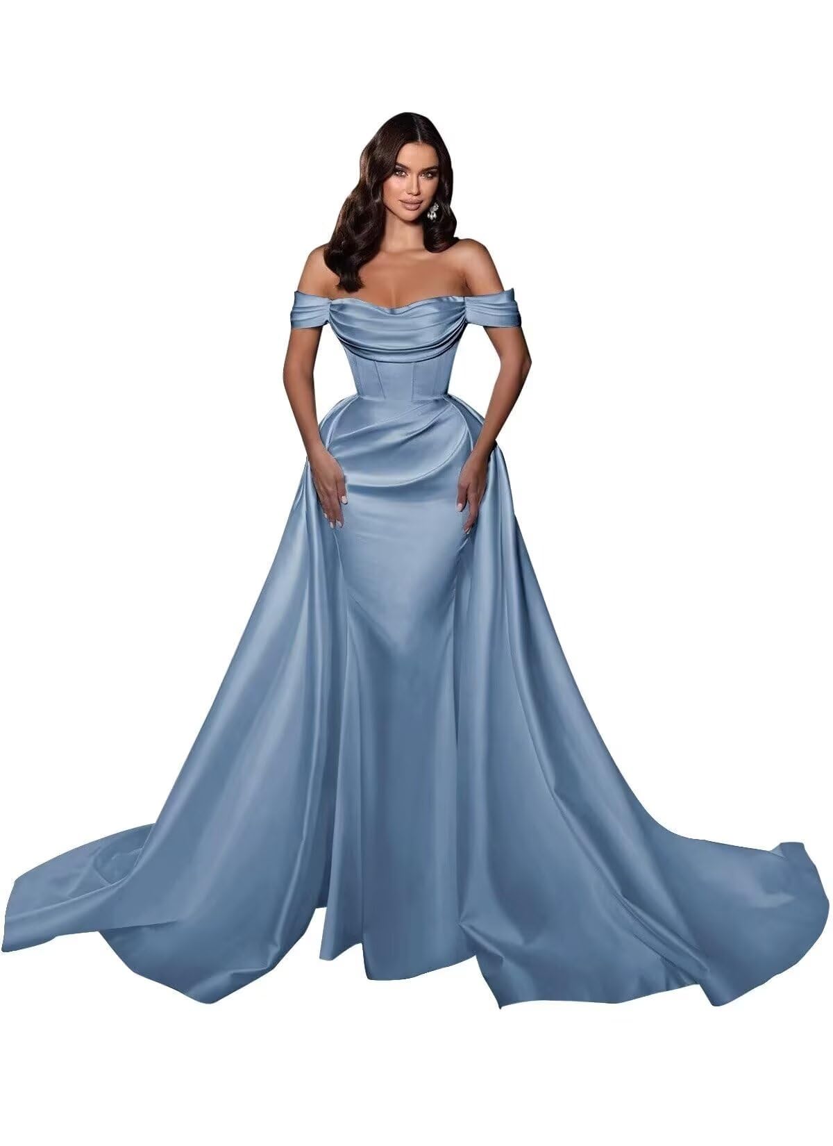 Mermaid Satin Prom Dresses for Women 2027 Long Off Shoulder Ruched Corset Formal Evening Dress Detachable Train