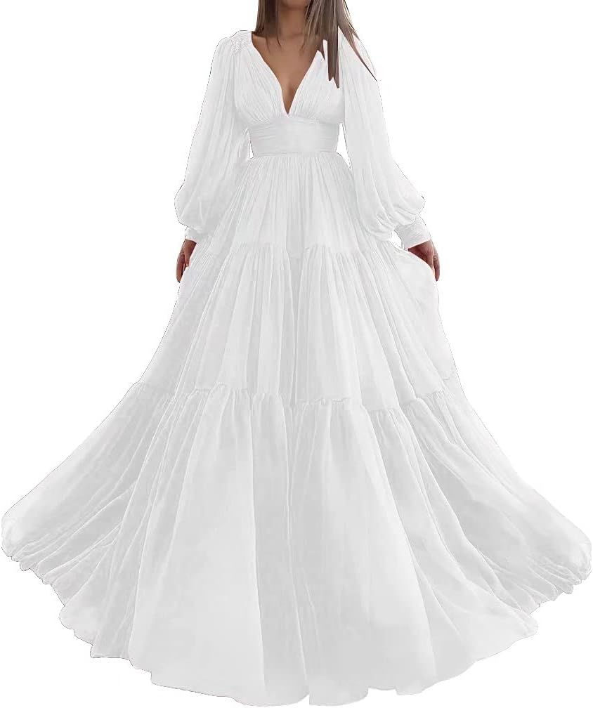 Langes Ballkleid mit Puffärmeln, Tüll, Ballkleid für Damen, Brautkleider, V-Ausschnitt, formelle Abendkleider