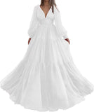 Langes Ballkleid mit Puffärmeln, Tüll, Ballkleid für Damen, Brautkleider, V-Ausschnitt, formelle Abendkleider