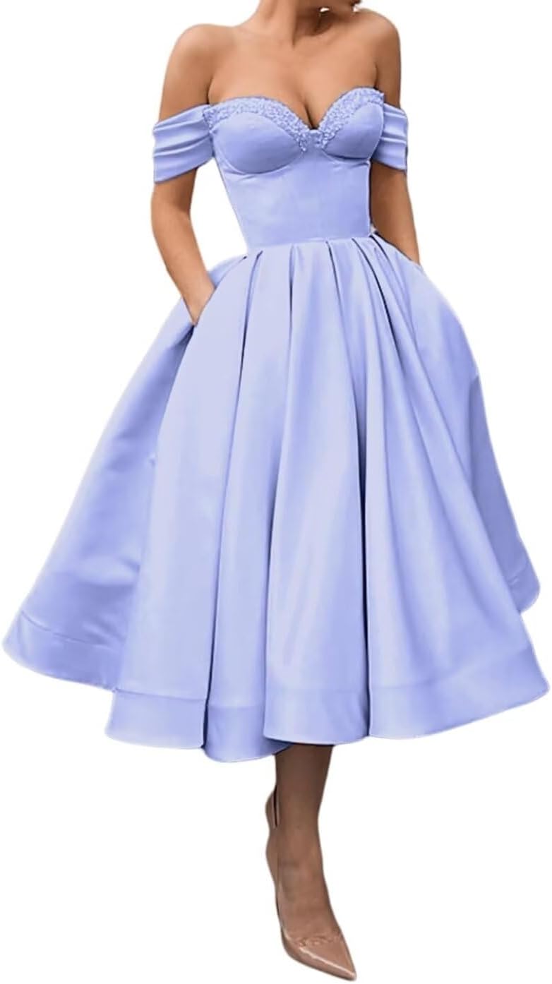 A Line Off Shoulder Prom Dresses for Women Satin Tea Length Cocktail Party Dresses with Pockets
