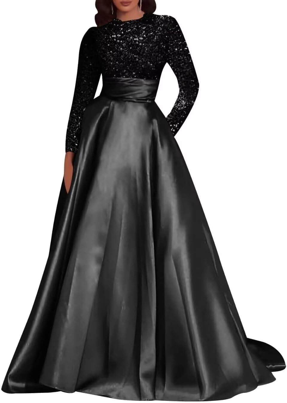 Kingbridal Gowns Long Sleeve Sequin Prom Dresses for Women Satin A-line Formal Dress 2026 Sparkly Evening Party Gowns with Pockets