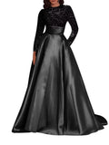 Kingbridal Gowns Long Sleeve Sequin Prom Dresses for Women Satin A-line Formal Dress 2026 Sparkly Evening Party Gowns with Pockets