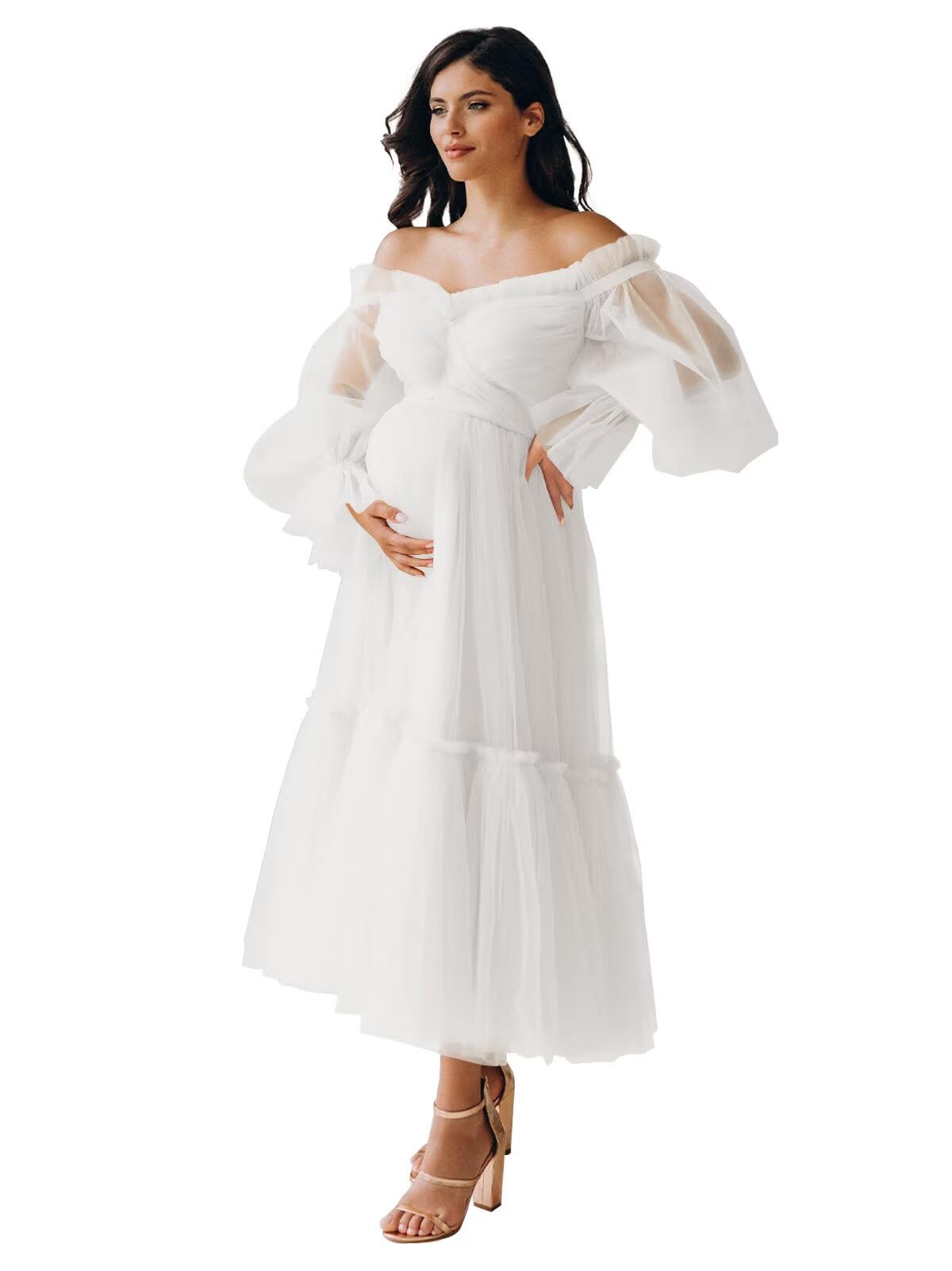 Eightale Tulle Tea Length Maternity Dresses for Photo Shoot Long Sleeve Pregnancy Gown for Baby Shower