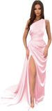 Vestidos de dama de honor largos con un hombro al descubierto y pliegues de satén estilo sirena para fiesta de boda formal 