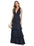 V Neck Chiffon Bridesmaid Dresses for Women 2027 Long Tiered A-Line Ruffles Formal Evening Party Dress