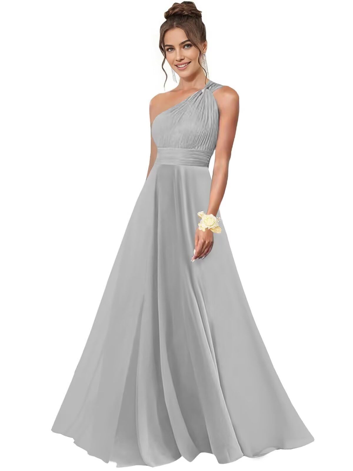 One Shoulder Bridesmaid Dresses for Women Chiffon A Line Pleated Long Formal Gowns with Pockets