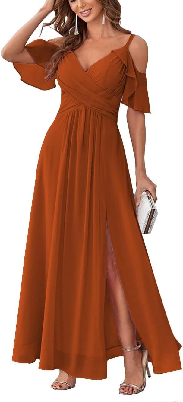 Women's Cold Shoulder Bridesmaid Dresses Long Summer Side Slit Chiffon Formal Evening Gown with Pockets