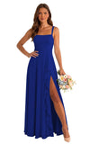 Sleeveless Chiffon Bridesmaid Dress for Women Square Neck Pleats Formal Wedding Guest Dress with Ruffle