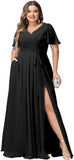 Plus Size Bridesmaid Dresses with Pockets V Neck Chiffon Flutter Sleeves Formal Evening Gowns with Slit