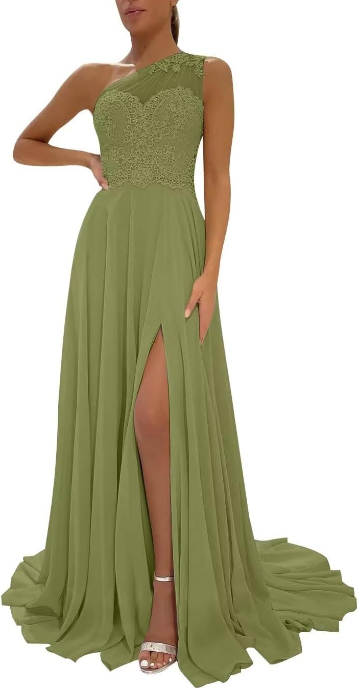 One Shoulder Chiffon Bridesmaid Dresses for Wedding 2026 Lace A-Line Slit Formal Evening Party Gown with Pockets