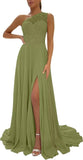 One Shoulder Chiffon Bridesmaid Dresses for Wedding 2026 Lace A-Line Slit Formal Evening Party Gown with Pockets