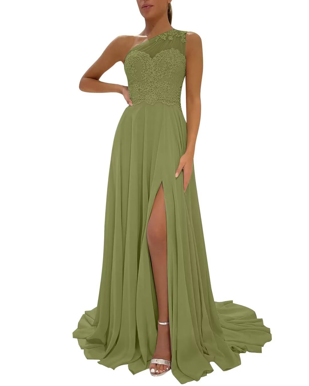 One Shoulder Chiffon Bridesmaid Dresses for Wedding 2026 Lace A-Line Slit Formal Evening Party Gown with Pockets