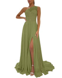 One Shoulder Chiffon Bridesmaid Dresses for Wedding 2026 Lace A-Line Slit Formal Evening Party Gown with Pockets