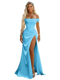 Off Shoulder Mermaid Prom Dresses with Slit 2027 Long Satin Pleated Formal Dress for Women Evening Party