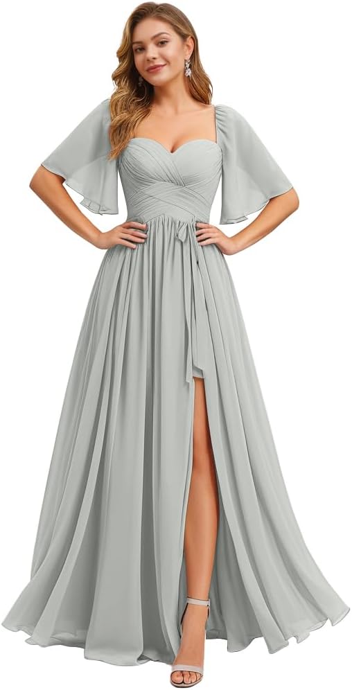 Women's Chiffon Bridesmaid Dresses for Wedding Flutter Sleeves Ruched A Line Long Formal Dress with Slit