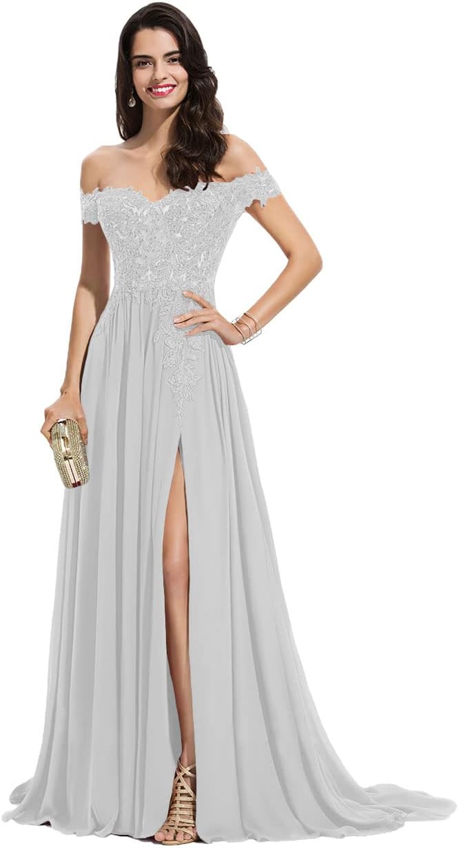 Women's Off The Shoulder Long Prom Dresses with Slit Lace Appliqued Chiffon Formal Party Gowns