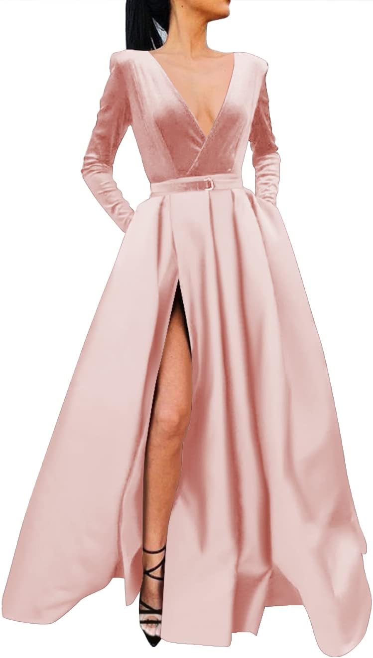 Vestido de fiesta de satén con lentejuelas brillantes para mujer, con bolsillos, manga larga y abertura. 