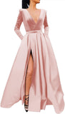 Vestido de fiesta de satén con lentejuelas brillantes para mujer, con bolsillos, manga larga y abertura. 