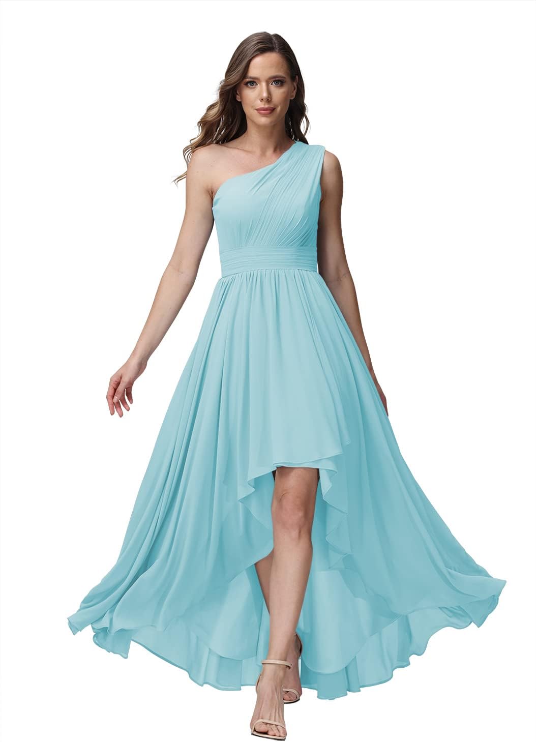 Vestido de dama de honor de un solo hombro para mujer, vestido formal de noche de gasa con bolsillos y corte alto bajo