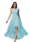 Vestido de dama de honor de un solo hombro para mujer, vestido formal de noche de gasa con bolsillos y corte alto bajo