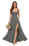 Chiffon Bridesmaid Dresses for Women Long Spaghetti Straps A-line Pleated Formal Evening Party Gowns with Pockets