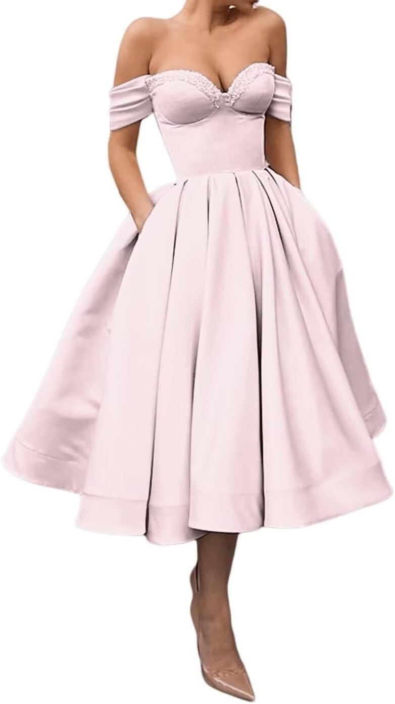 A Line Off Shoulder Prom Dresses for Women Satin Tea Length Cocktail Party Dresses with Pockets