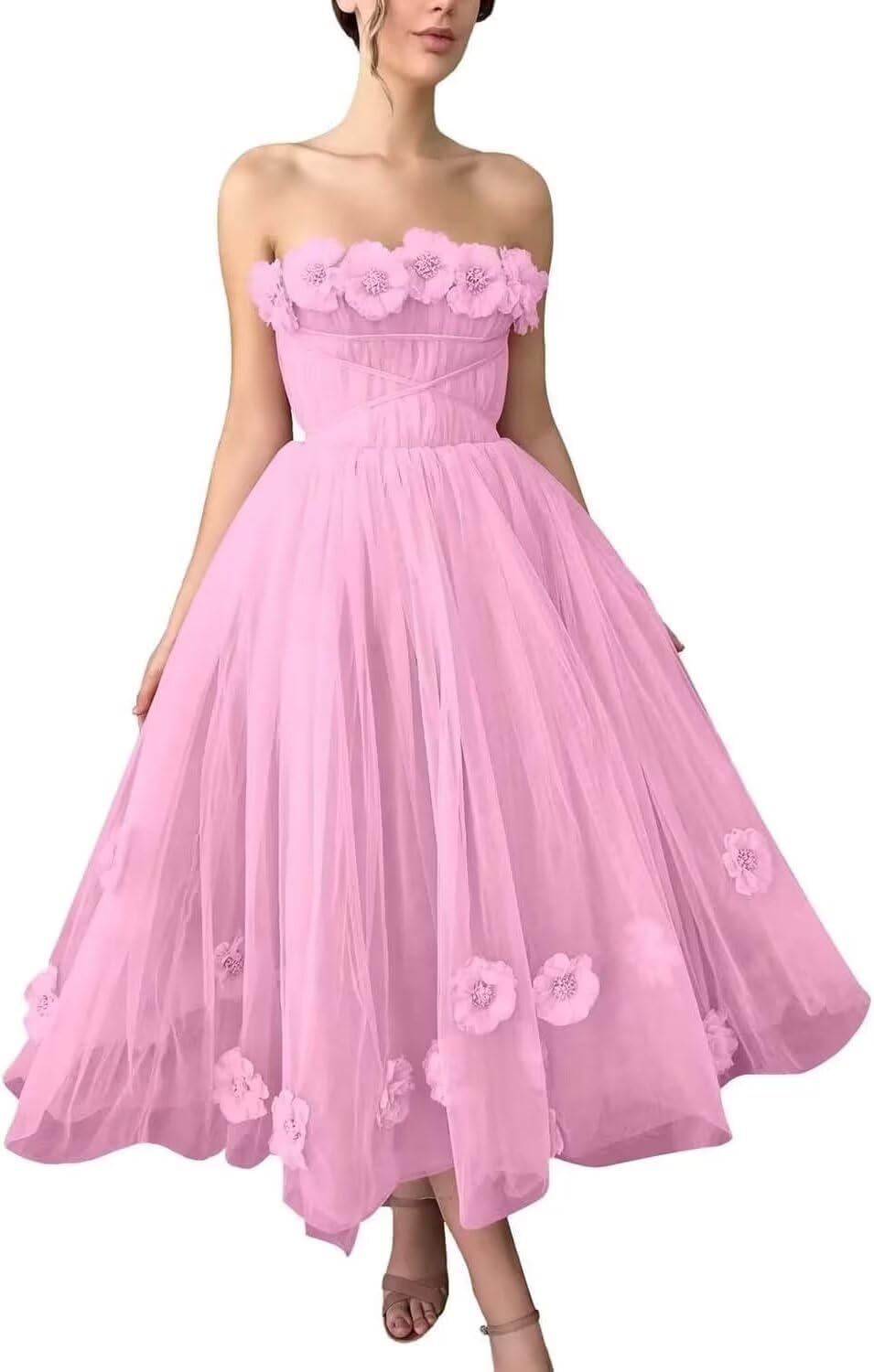 Women's 3D Flower Off Shoulder Tea Length Whimsical Prom Dress, A Line Strapless Tulle Formal Evening Party Gown