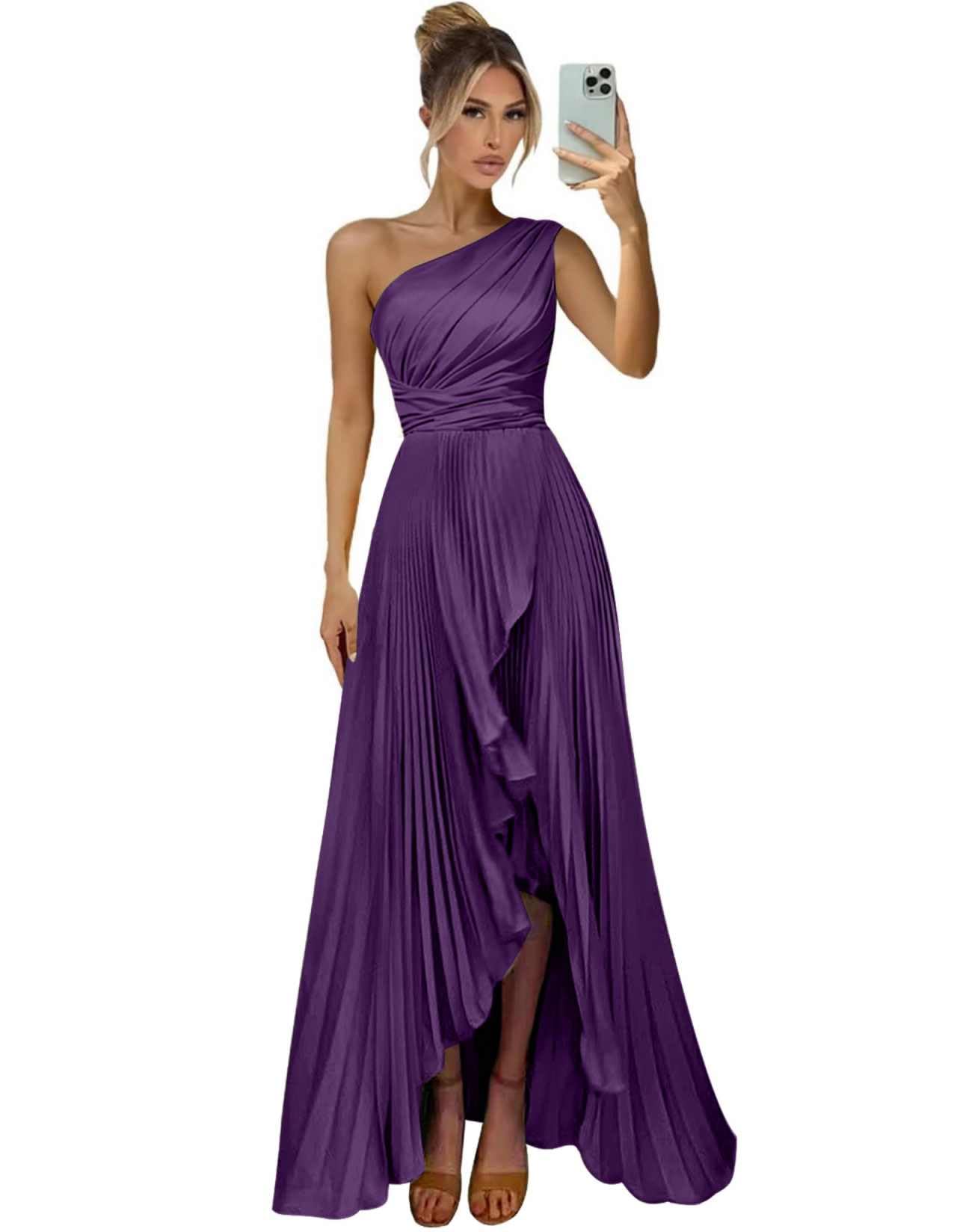 One Shoulder Bridesmaid Dresses for Women Satin Pleated Long A Line Formal Prom Evening Party Dress with Slit