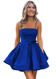 Women’s Short Satin Spaghetti Straps Formal Homecoming Dresses A Line Corset Puffy Prom Gown with Pockets for Teens