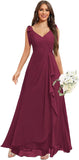 Chiffon Bridesmaid Dresses for Women Ruffles V Neck Flowy Long Formal Evening Dress with Bow