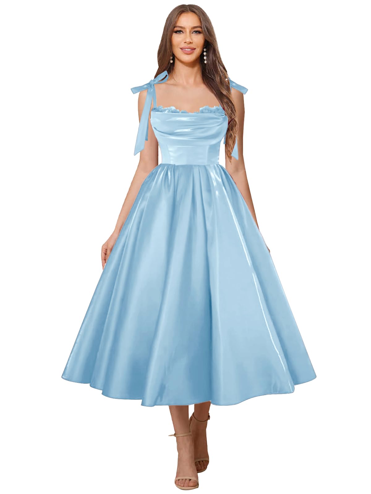 Satin Prom Dresses for Women Spaghetti Straps Corset A-Line Ball Formal Gowns Tea Length with Pockets