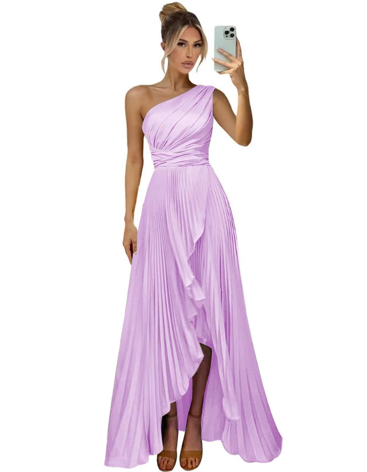 One Shoulder Bridesmaid Dresses for Women Satin Pleated Long A Line Formal Prom Evening Party Dress with Slit