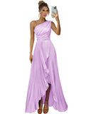 One Shoulder Bridesmaid Dresses for Women Satin Pleated Long A Line Formal Prom Evening Party Dress with Slit