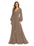 Women's Chiffon Bridesmaid Dresses Long Sleeve Ruffles V-Neck Pleated Formal Wedding Guest Dresses Mother of the bride Dress