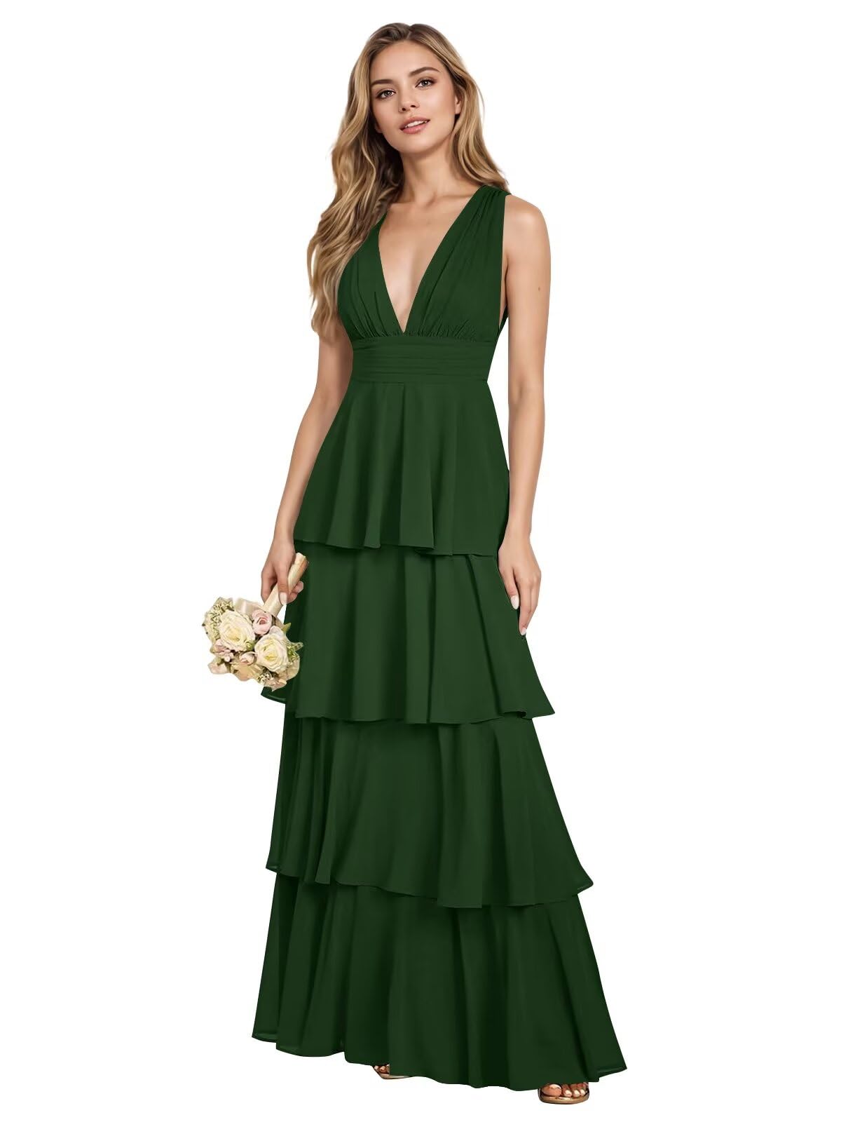 V Neck Chiffon Bridesmaid Dresses for Women 2027 Long Tiered A-Line Ruffles Formal Evening Party Dress