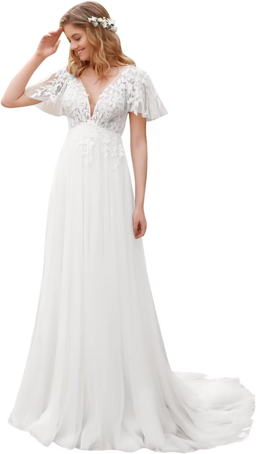 Kingbridal Gowns Lace Appliques Wedding Dresses for Bride Long V Neck Tulle Chiffon A-line Sleeveless Bridal Ball Gown for Women