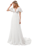 Kingbridal Gowns Lace Appliques Wedding Dresses for Bride Long V Neck Tulle Chiffon A-line Sleeveless Bridal Ball Gown for Women