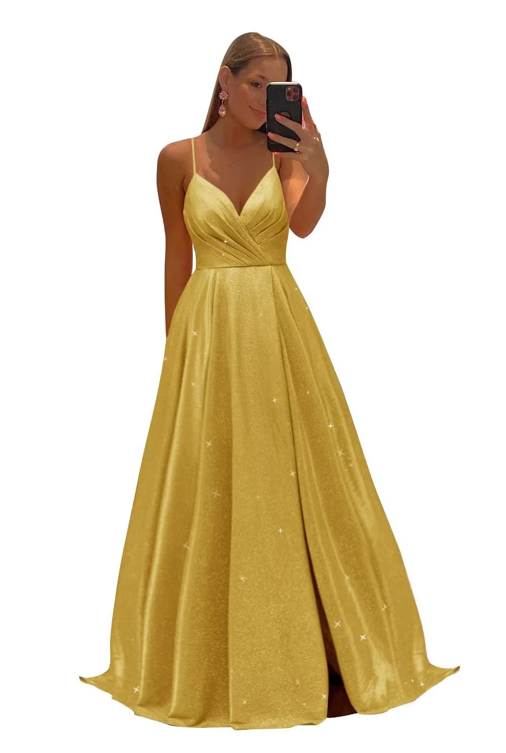 Women's Spaghetti Straps Prom Dresses Long V-Neck Sparkling Bridesmaid Dresses Formal Evening Gowns with High Slit