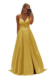 Women's Spaghetti Straps Prom Dresses Long V-Neck Sparkling Bridesmaid Dresses Formal Evening Gowns with High Slit