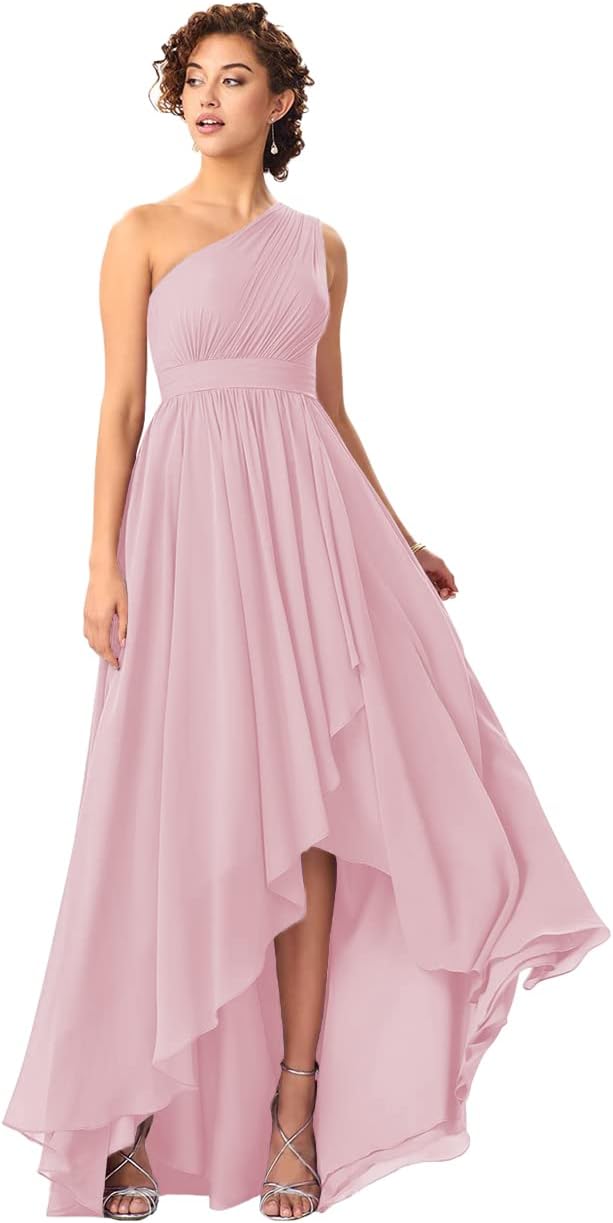Women's One Shoulder Bridesmaid Dresses High Low Chiffon Formal Party Gowns with Pockets