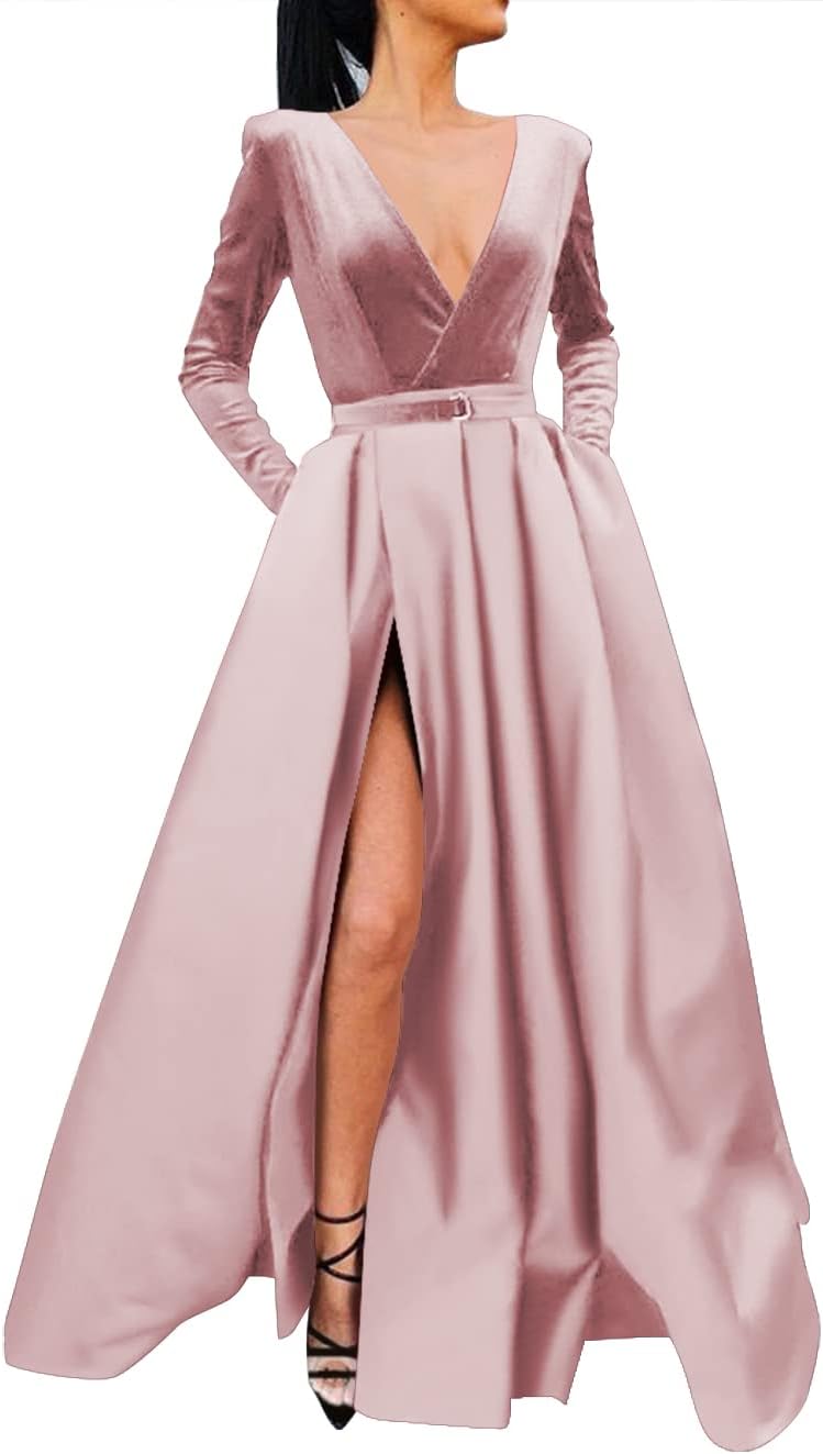 Vestido de fiesta de satén con lentejuelas brillantes para mujer, con bolsillos, manga larga y abertura. 